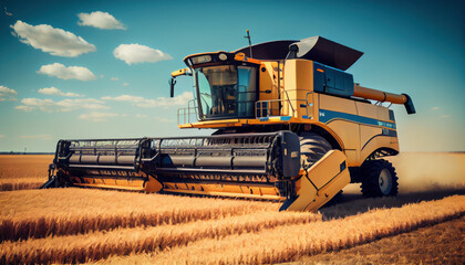 Harvesrer machine to harvest wheat field working. AI generated