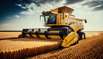 Harvesrer machine to harvest wheat field working. AI generated