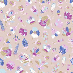 Boho fantasy flowers seamless pattern, folk floral texture
