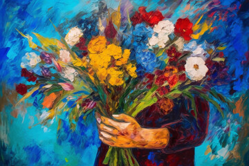A painting of a person holding a bouquet of flowers.