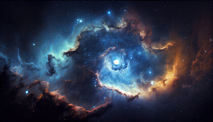 Large panoramic view of a colorful dark blue nebula. Al genetared