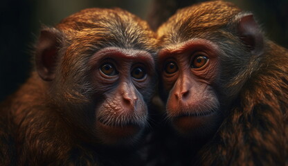 Portrait of two monkeys hugging. Based on Generative Ai.