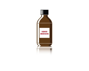 vector design of a bottle of liquid medicine for drinking in dark brown color with a black lid and the words LIQUID MEDICINE in the middle which are red and white