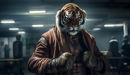 Fototapeta na wymiar Portrait image of a tiger wearing boxing robe and gloves, ready to fight in the ring. Based on Generative Ai.