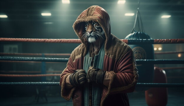 Portrait image of a tiger wearing boxing robe and gloves, ready to fight in the ring. Based on Generative Ai.