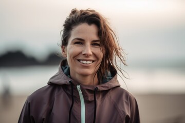 Portrait of a beautiful smiling woman in sportswear standing on the beach