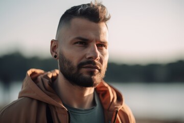 Fototapeta premium handsome bearded man in beige jacket looking away on riverside