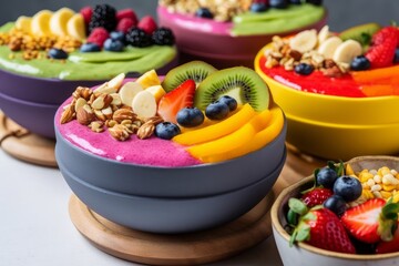 A stack of colorful vegan smoothie bowls topped with fresh fruits and nuts