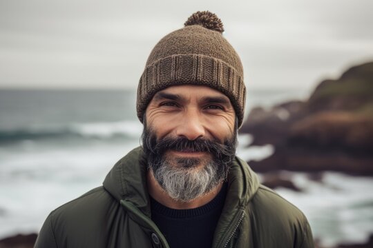 Portrait of handsome bearded man with grey beard wearing warm hat and jacket standing on the beach