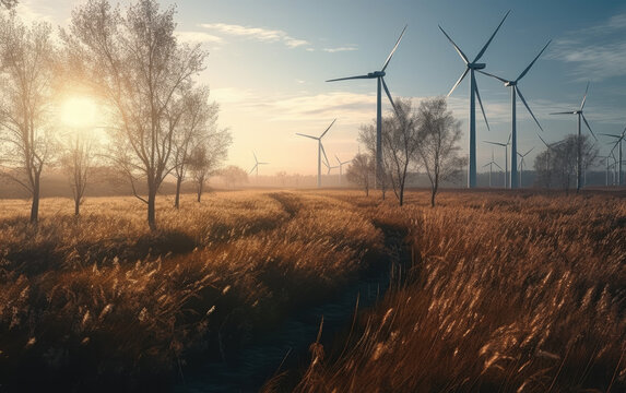 wind turbines in the field at sunset created with Generative AI technology