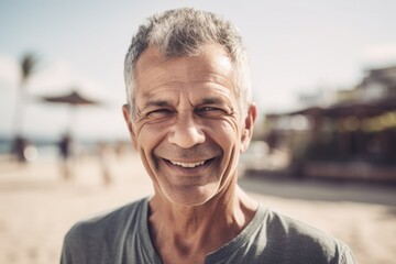 Fototapeta premium Portrait of smiling senior man looking at camera while standing on beach