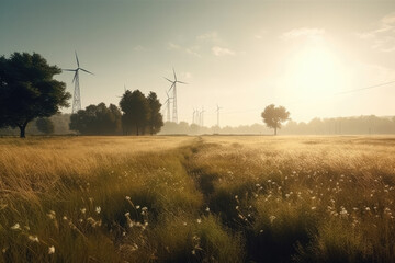 Fototapeta na wymiar wind turbines in the field at sunset created with Generative AI technology