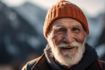 Portrait of an old man with white beard and grey hair in a warm hat on the background of mountains