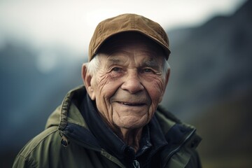 Portrait of an elderly man with cap smiling in the mountains.