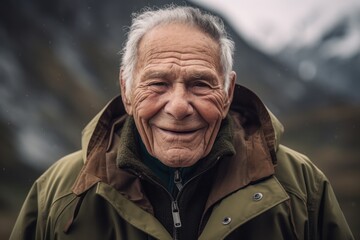 Obraz premium Portrait of a senior man in the mountains, looking at camera.