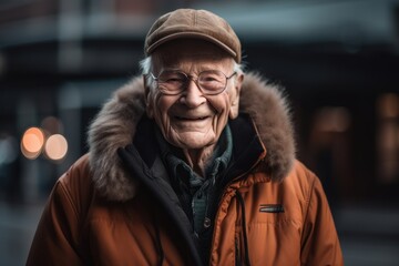 Elderly man wearing warm jacket and hat in the city.