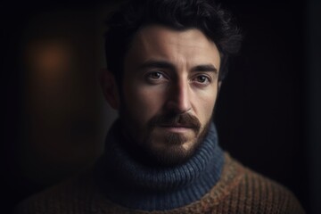 Fototapeta premium Portrait of a handsome bearded man in a sweater on a dark background