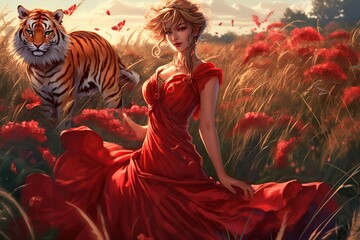 Abstract futuristic beautiful woman and tiger in a field with red flowers made with generative AI