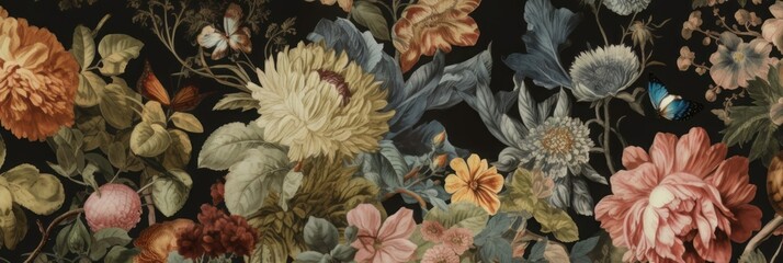 Vintage flowers wallpaper. Roses, daisies, peonies, arranged in a repeating pattern. Generative AI