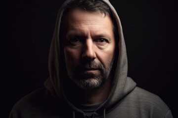 Portrait of a man in a hood on a black background.