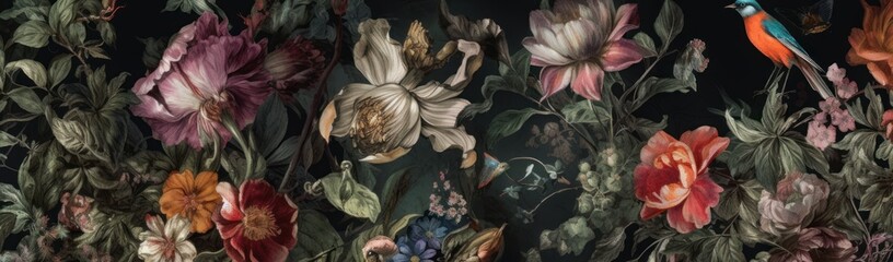 Vintage flowers wallpaper. Roses, daisies, peonies, arranged in a repeating pattern. Generative AI