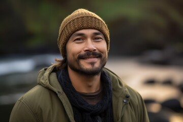 Full-length portrait photography of a pleased man in his 30s wearing a warm beanie or knit hat against a hawaiian or polynesian background. Generative AI - obrazy, fototapety, plakaty