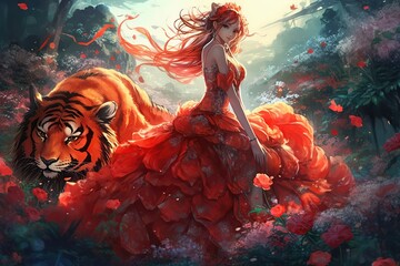 Abstract futuristic beautiful woman and tiger in a field with red flowers made with generative AI