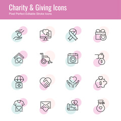 Charity & Giving Vector Line Icons with Two-Color Circle Blobs. Philanthropy icon set, Nonprofit organization icons, Social responsibility icons, Community service icons, Humanitarian icons.