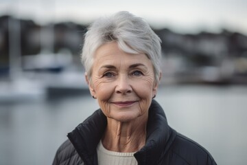 Fototapeta na wymiar Portrait of happy senior woman standing in front of a yacht marina