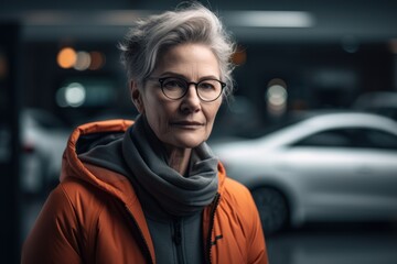 Portrait of a beautiful senior woman in an orange jacket and glasses