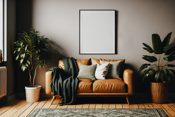 Small lounge with couch and pillows, blanket, rug and plants. Wooden floors and window. Empty poster in frame with copy space on white wall. Generative AI.