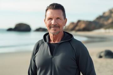 Portrait of smiling senior man in sportswear standing on beach