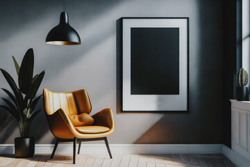 Modern interior with yellow armchair, flower and window. Empty poster in frame with mock up on grey wall. Generative AI.