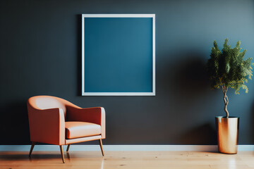 Blue room with pink armchair and plant in golden pot. Empty poster in frame with copy space on blue wall. Generative AI.