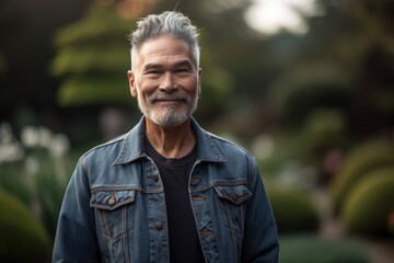 Portrait of handsome senior man with grey hair wearing jeans jacket outdoors