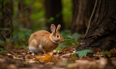 Fototapeta premium a small rabbit is standing in the leaves near a tree. generative ai