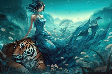 Abstract futuristic beautiful woman and tiger in a blue field background made with generative AI