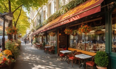  a sidewalk with tables and chairs on it next to a building.  generative ai