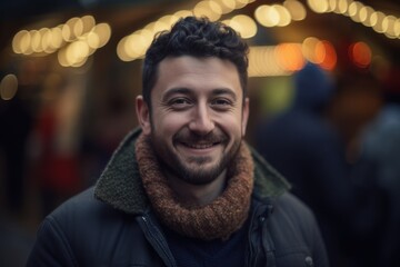 Fototapeta premium Portrait of a handsome young man at the Christmas market in the city.