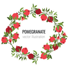 Isolated wreath  frame of hand drawn pomegranate branches. Fruit print. Sketch Exotic tropical juicy fruit, pomegranate with leaves and flowers. Vector cartoon simple style illustration. Doodle patter
