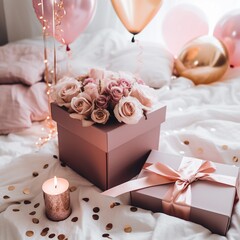 Celebration illustration of a gift in a box in gold and pink colours, AI generated