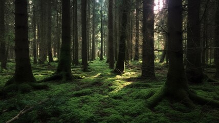 Illustration of the green forest in the morning, AI generated
