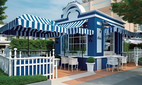  A Blue And White Building With A Striped Awning Over It.  Generative Ai