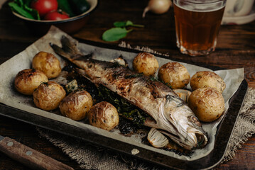 Whole Sea Bass Baked with New Potatoes