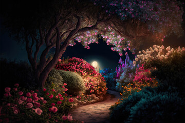 Obraz na płótnie Canvas Moonlight on Mysterious Garden : Garden in Blue Moonlight : Night view of a Mystic Garden in a Gentle Moonlight