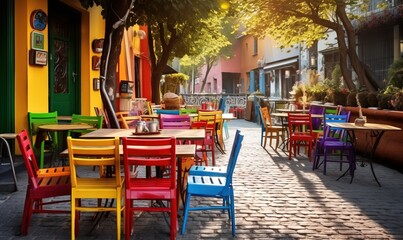 Fototapeta na wymiar a row of colorful tables and chairs sitting on a sidewalk. generative ai