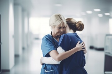 A cheerful, friendly doctor supports his patient during a physical exam. A happy smiling doctor woman or nurse hugging a woman in a medical office or hospital. Generative AI
