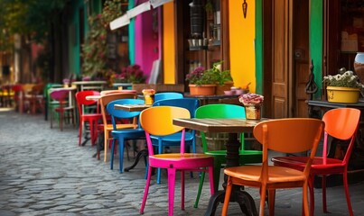  a row of colorful tables and chairs on a cobblestone street.  generative ai
