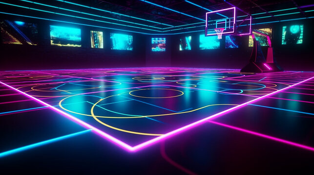 futuristic basketball court made of neon lights Generative AI