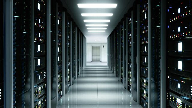 Futuristic High Tech Server Room. Camera move forward. IT Technician 3d render concept. Crypto Currency Mining. Bitcoin farm. Prores 10 Bit HQ mov.